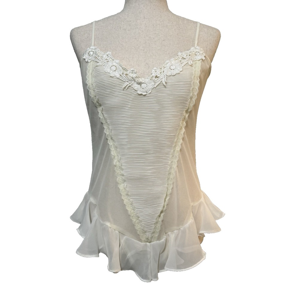 Flora Pleated & Ruffled Sheered Mesh Laced Lingerie Teddy Bodysuit Size XL Ivory